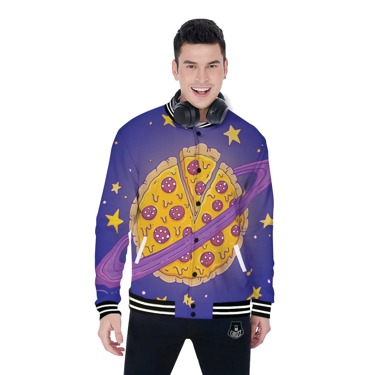 Cartoon Pizza Planet Print Baseball Jacket-grizzshop