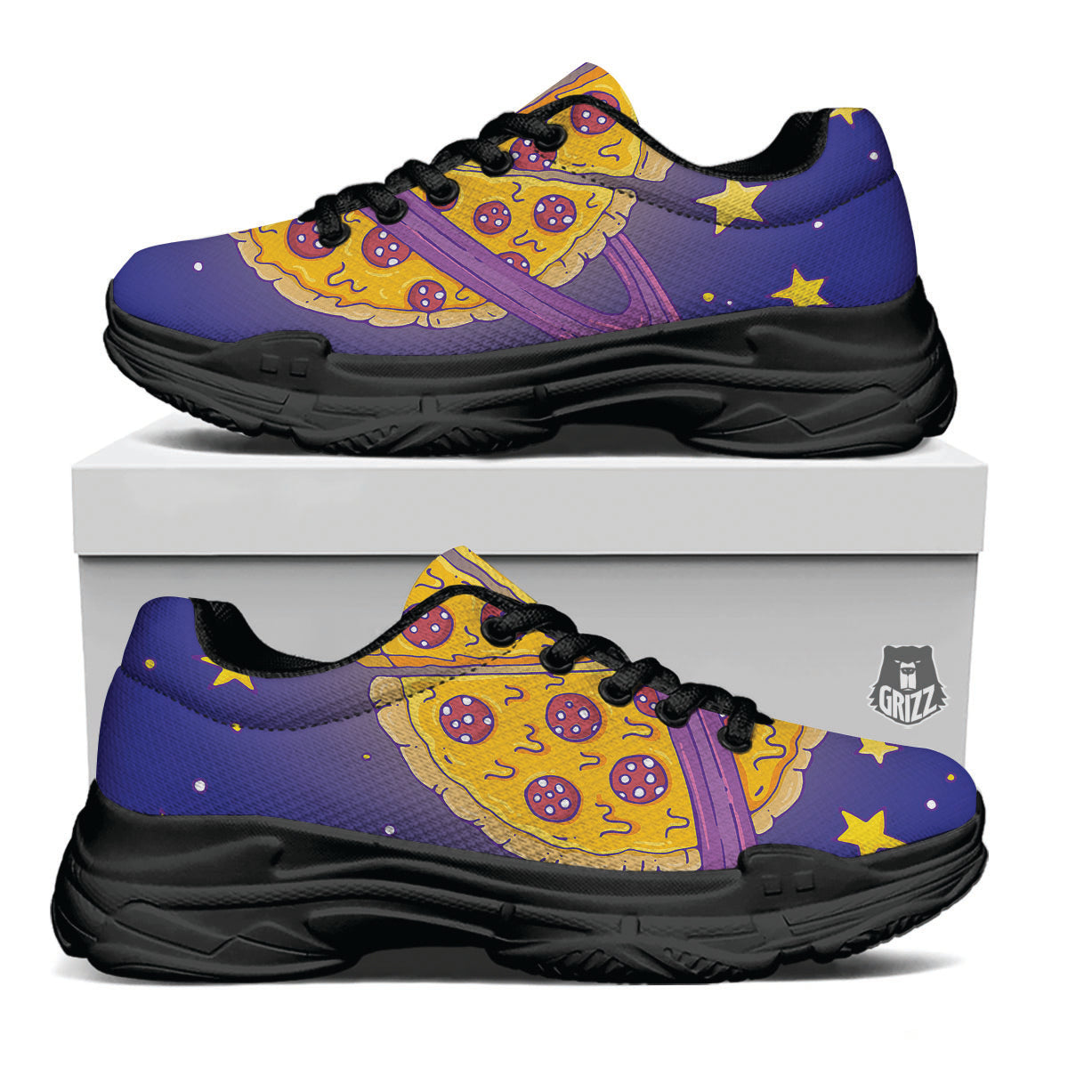 Cartoon Pizza Planet Print Black Chunky Shoes-grizzshop