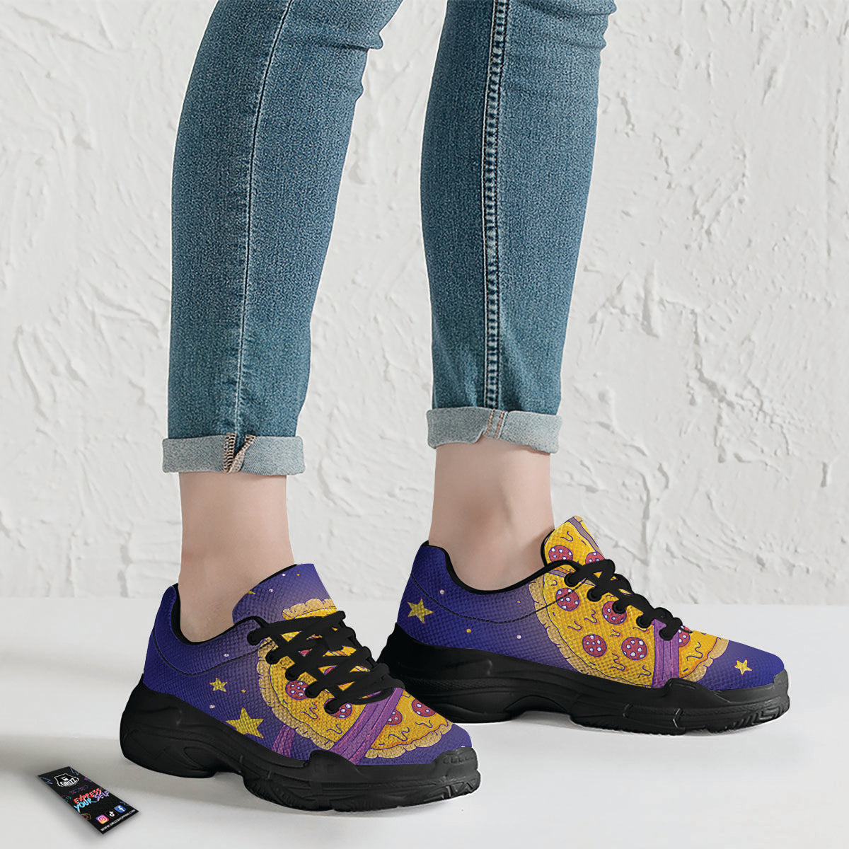 Cartoon Pizza Planet Print Black Chunky Shoes-grizzshop