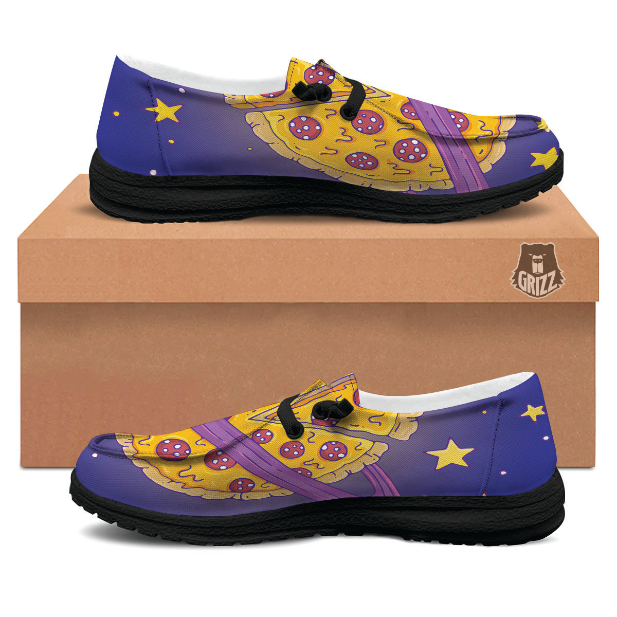 Cartoon Pizza Planet Print Black Loafers-grizzshop