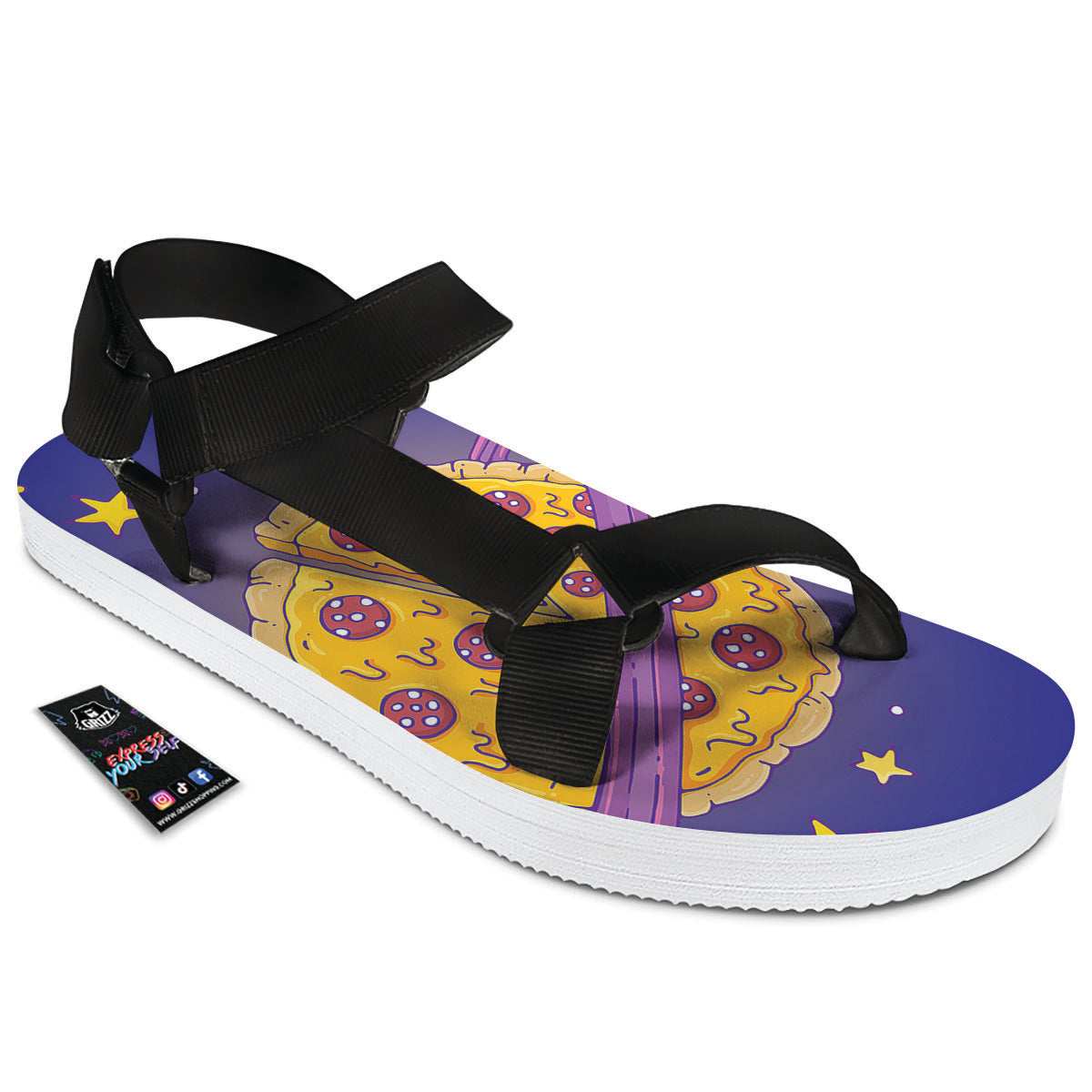 Cartoon Pizza Planet Print Black Open Toe Sandals-grizzshop