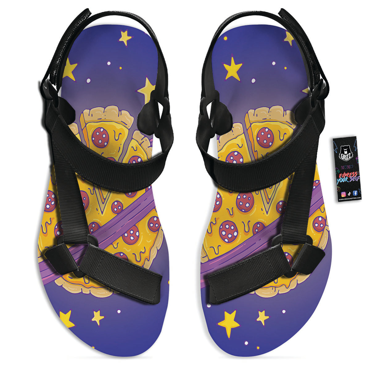 Cartoon Pizza Planet Print Black Open Toe Sandals-grizzshop