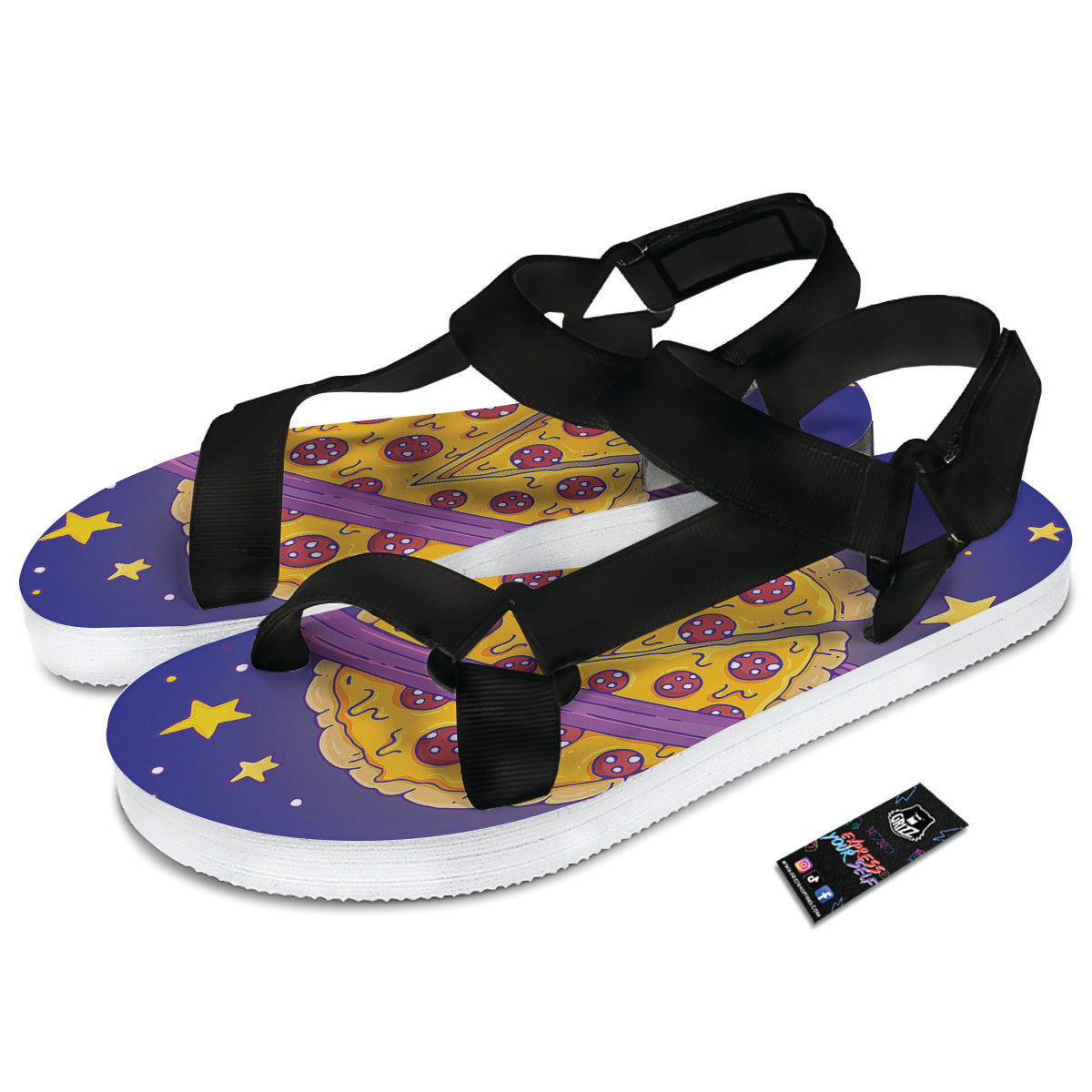 Cartoon Pizza Planet Print Black Open Toe Sandals-grizzshop