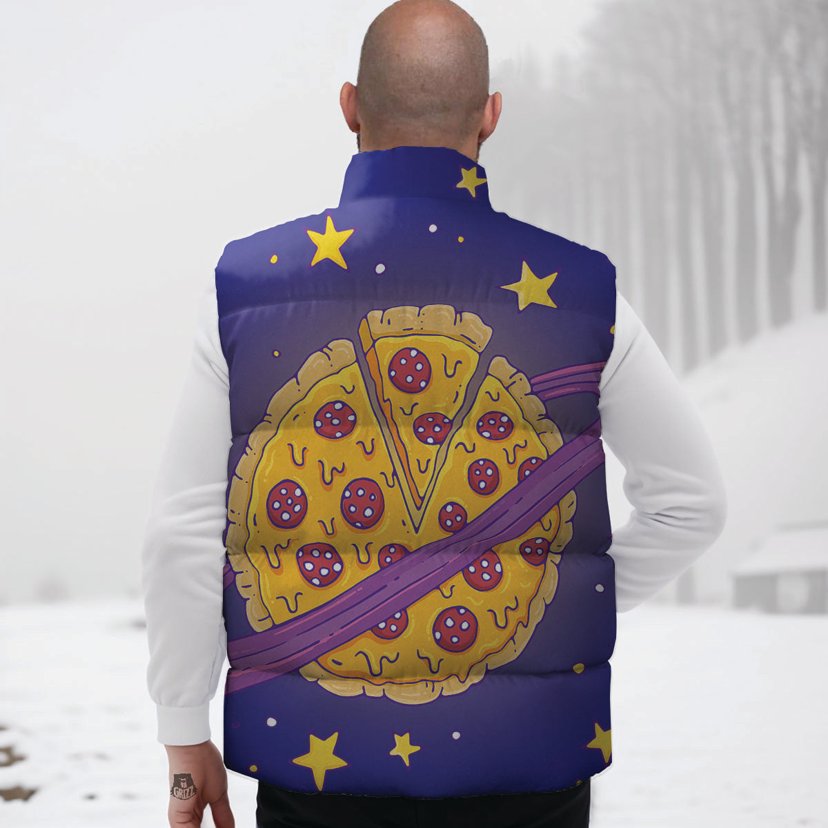 Cartoon Pizza Planet Print Down Vest