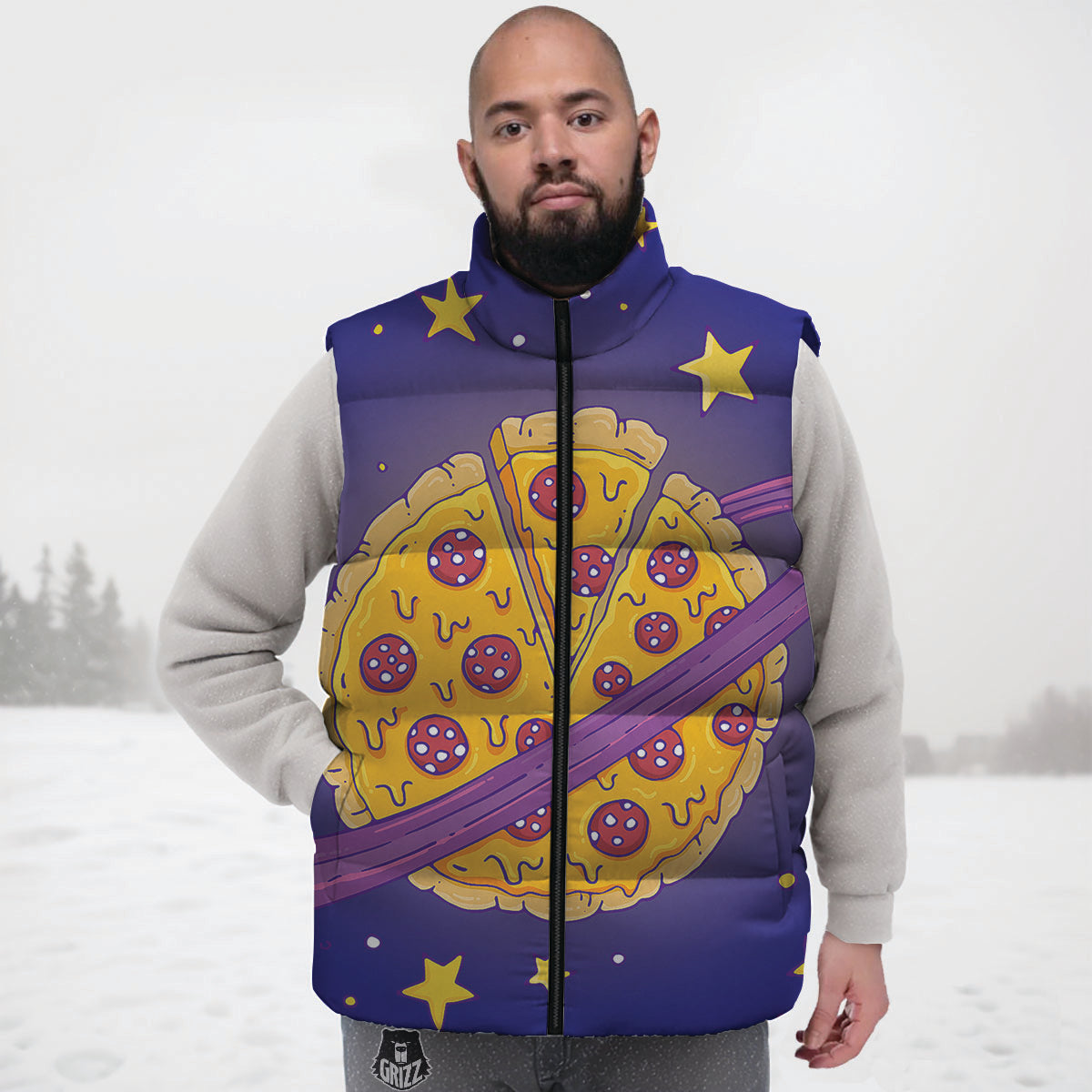 Cartoon Pizza Planet Print Down Vest