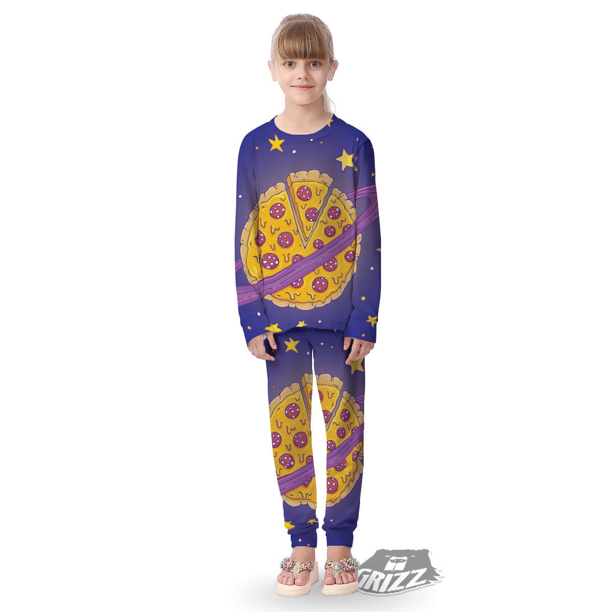 Cartoon Pizza Planet Print Kid's Pajamas-grizzshop