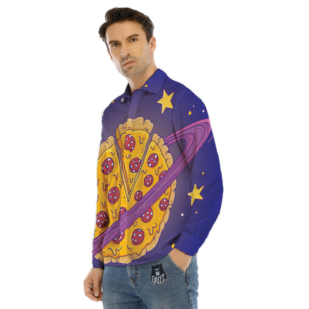 Cartoon Pizza Planet Print Men's Dress Shirts-grizzshop