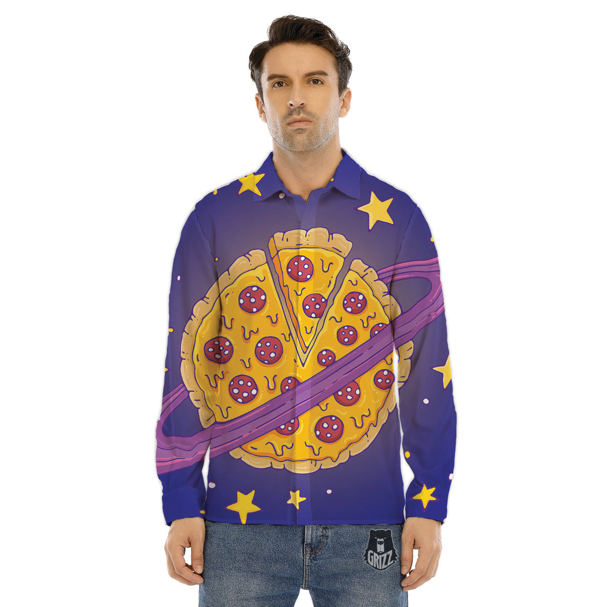 Cartoon Pizza Planet Print Men's Dress Shirts-grizzshop