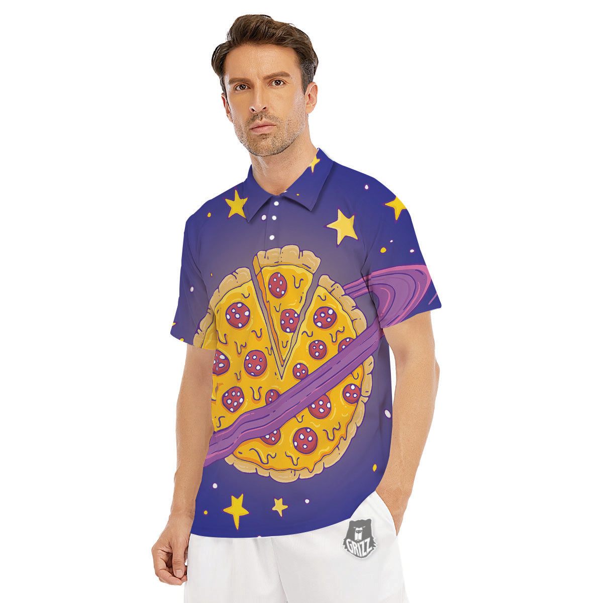 Cartoon Pizza Planet Print Men's Golf Shirts-grizzshop