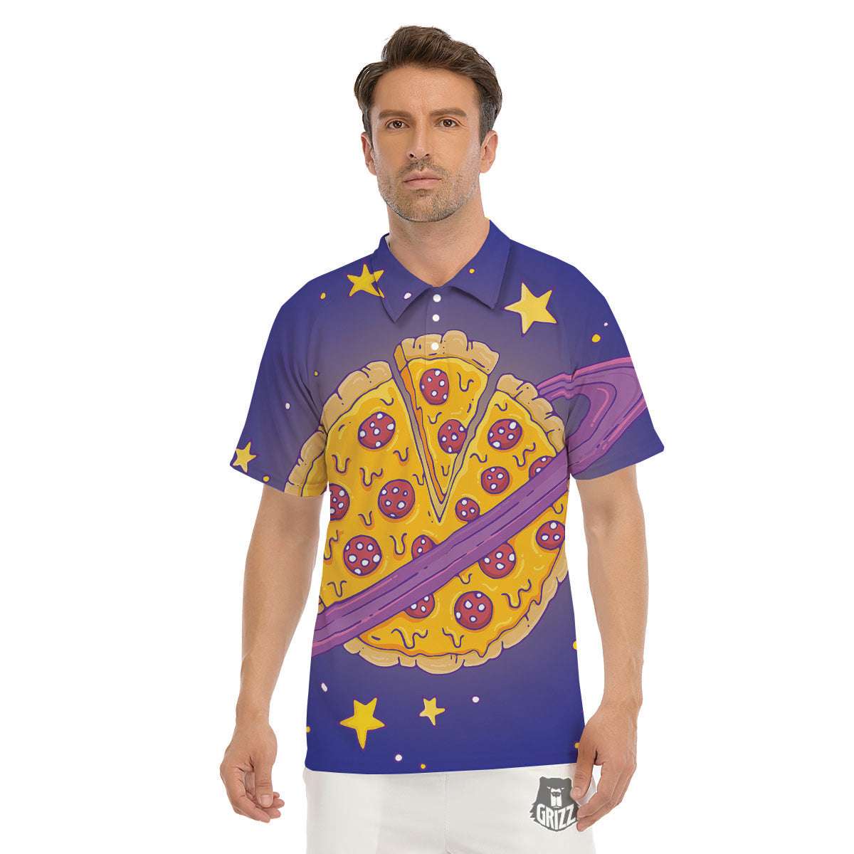 Cartoon Pizza Planet Print Men's Golf Shirts-grizzshop