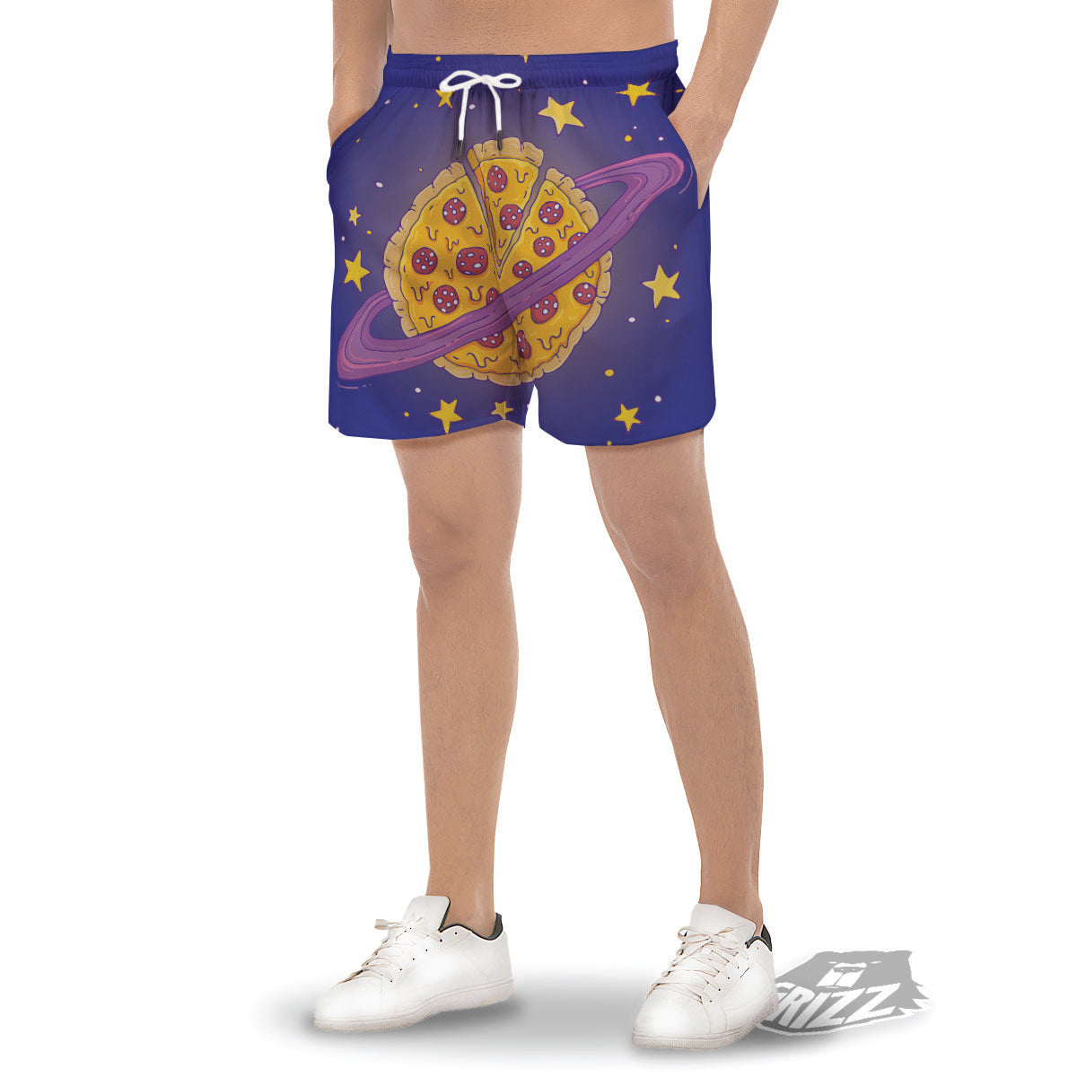 Cartoon Pizza Planet Print Men's Gym Shorts-grizzshop