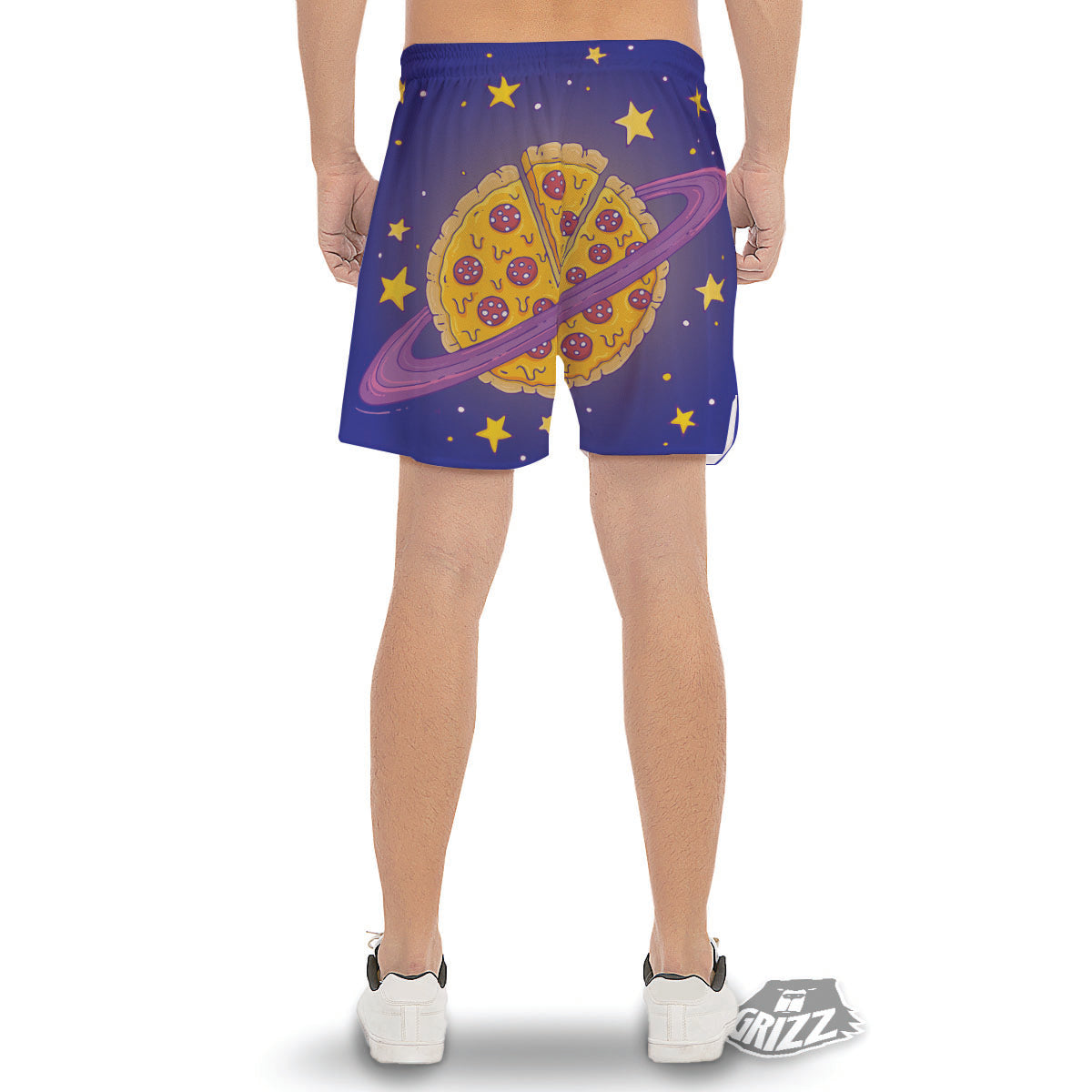 Cartoon Pizza Planet Print Men's Gym Shorts-grizzshop
