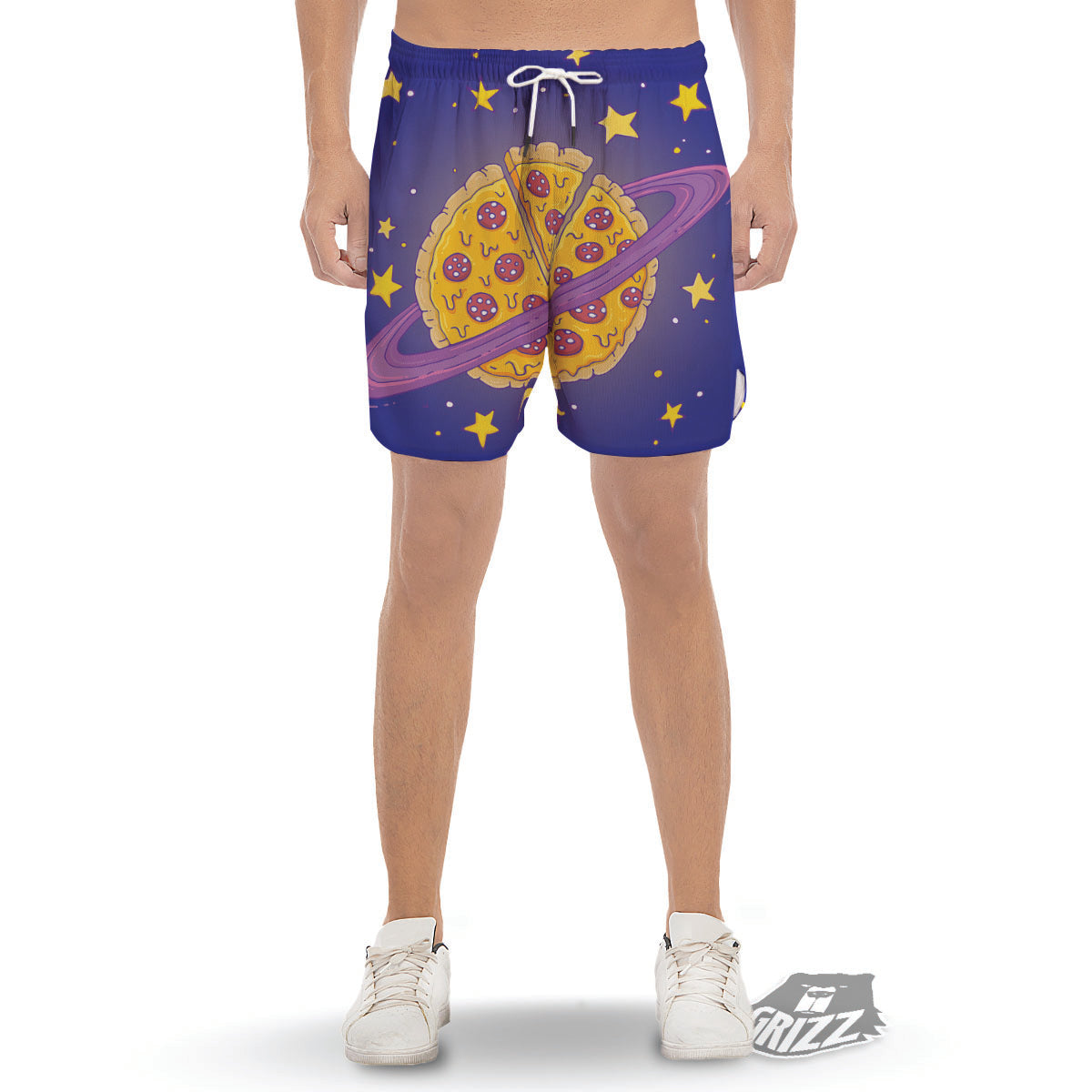 Cartoon Pizza Planet Print Men's Gym Shorts-grizzshop
