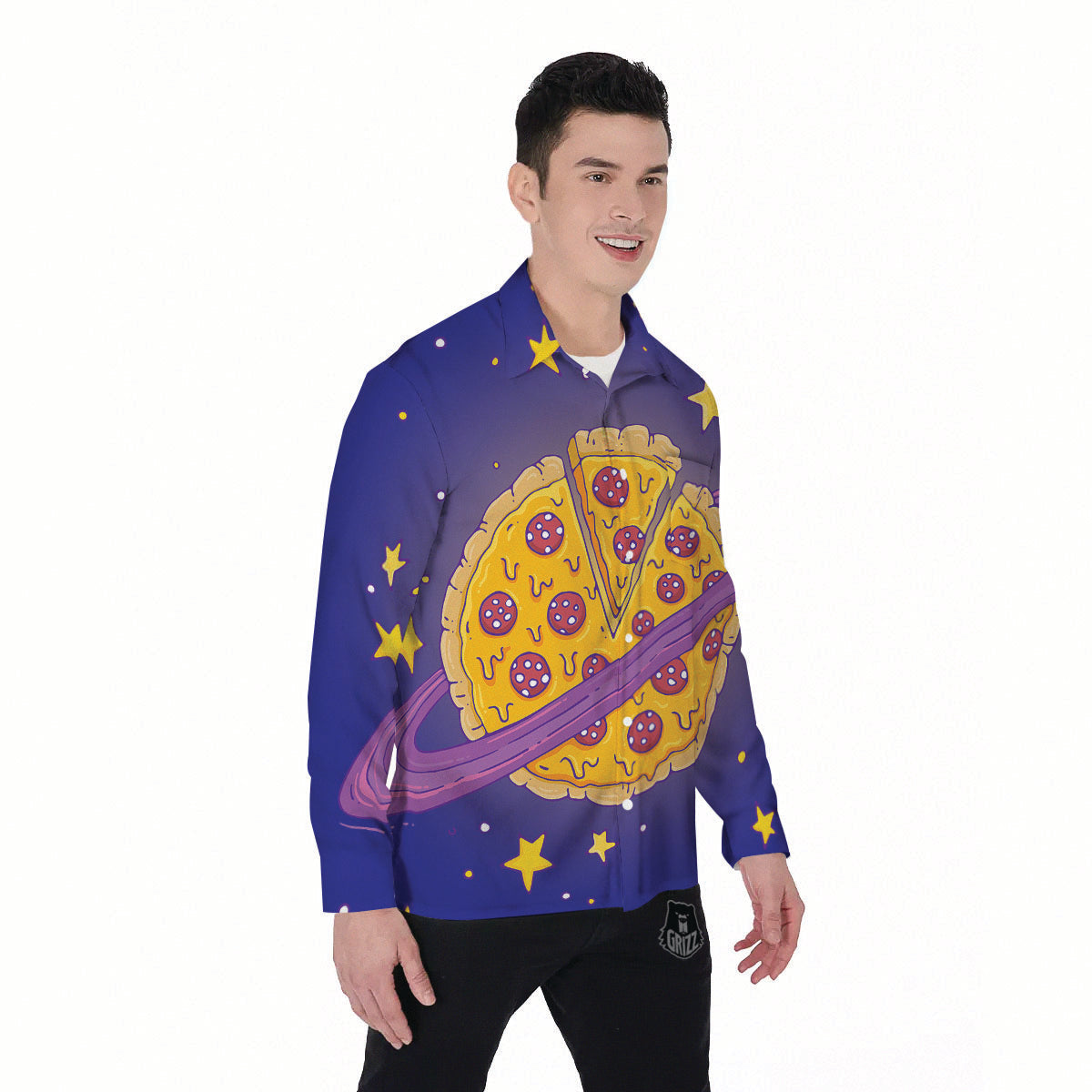 Cartoon Pizza Planet Print Men's Long Sleeve Shirts-grizzshop
