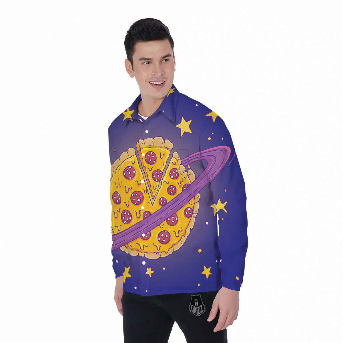 Cartoon Pizza Planet Print Men's Long Sleeve Shirts-grizzshop