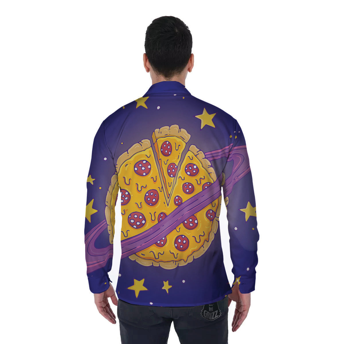 Cartoon Pizza Planet Print Men's Long Sleeve Shirts-grizzshop