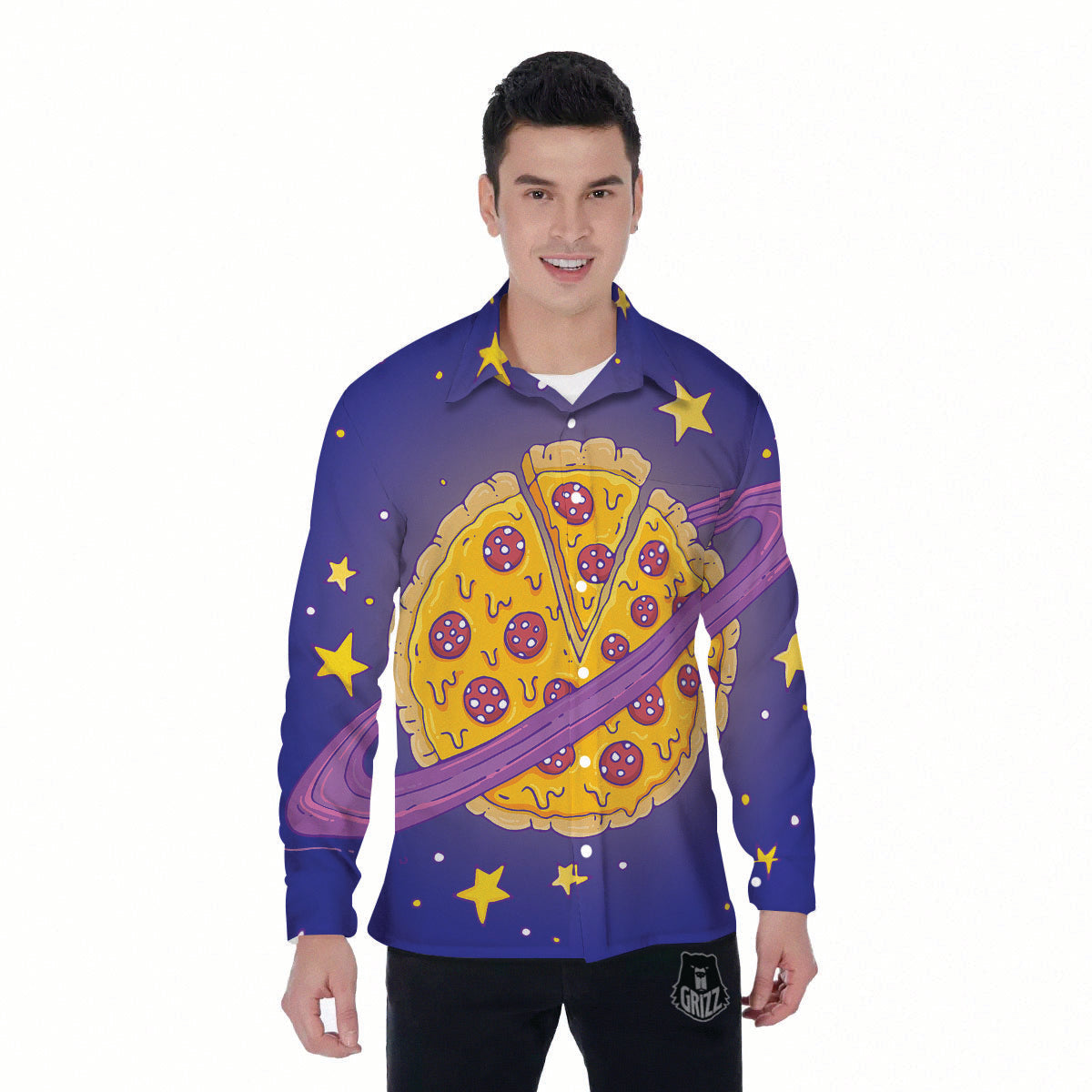 Cartoon Pizza Planet Print Men's Long Sleeve Shirts-grizzshop