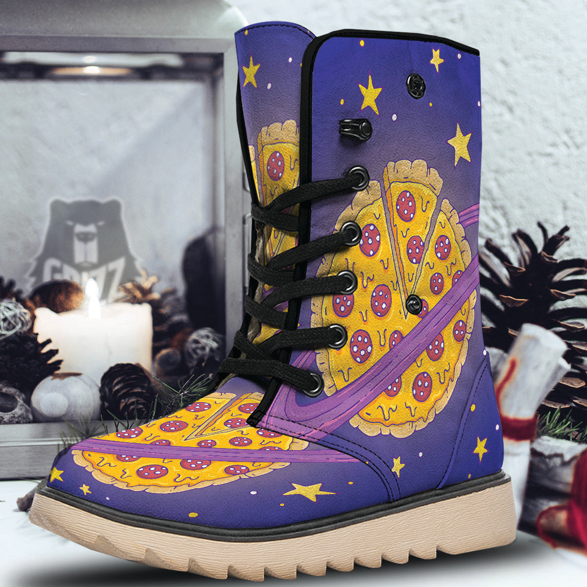 Cartoon Pizza Planet Print Snow Boots-grizzshop