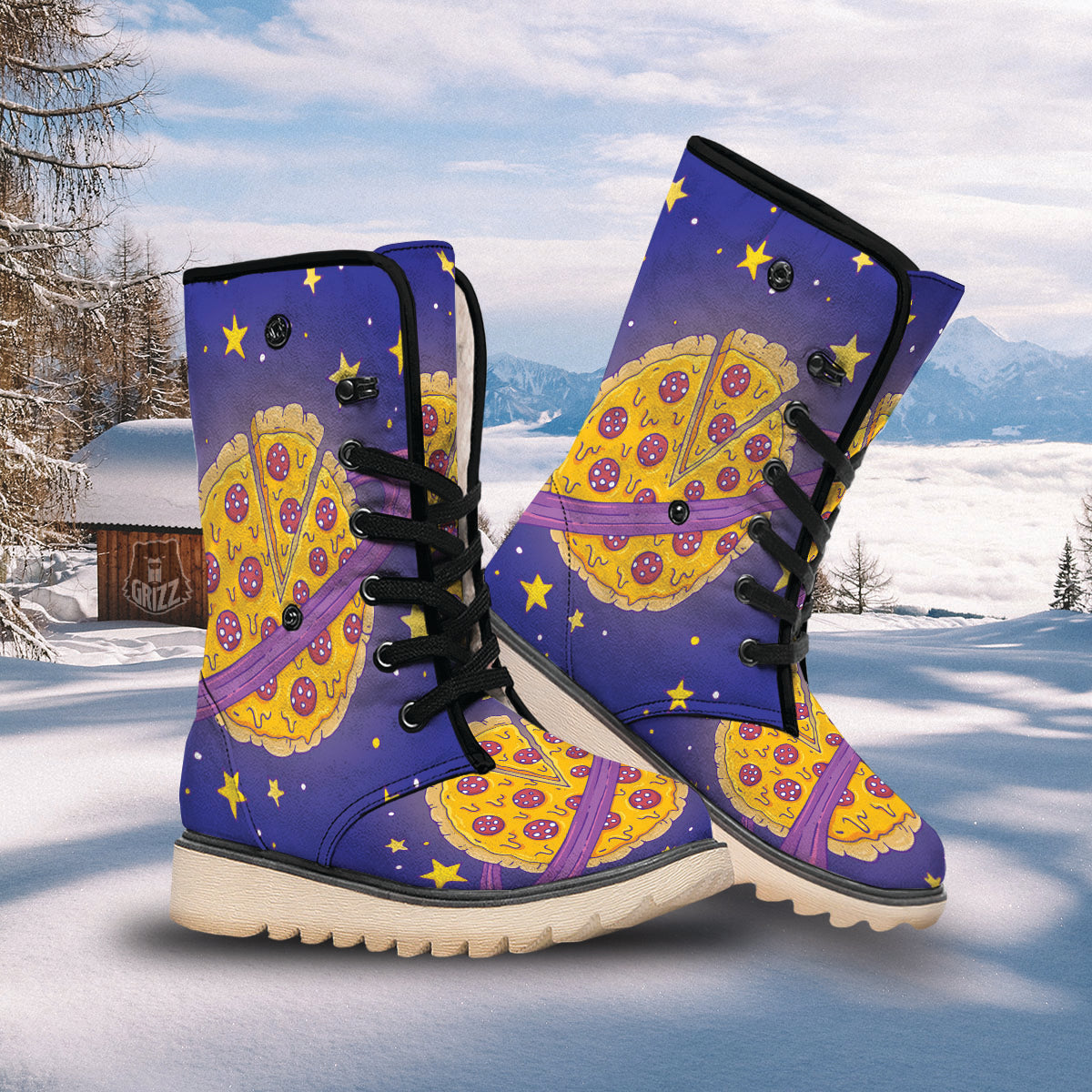 Cartoon Pizza Planet Print Snow Boots-grizzshop