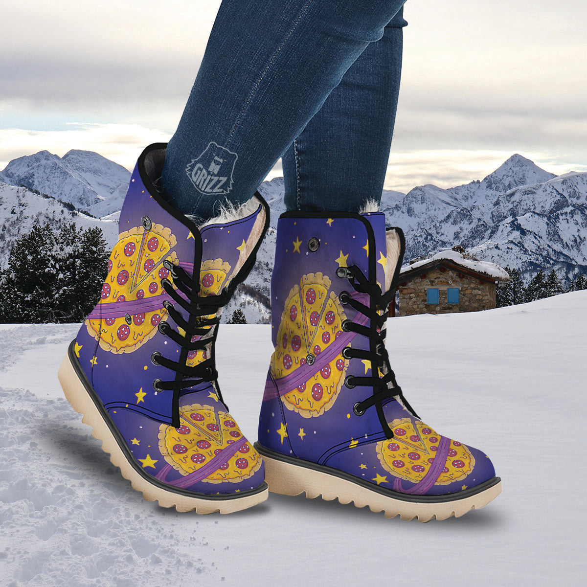 Cartoon Pizza Planet Print Snow Boots-grizzshop