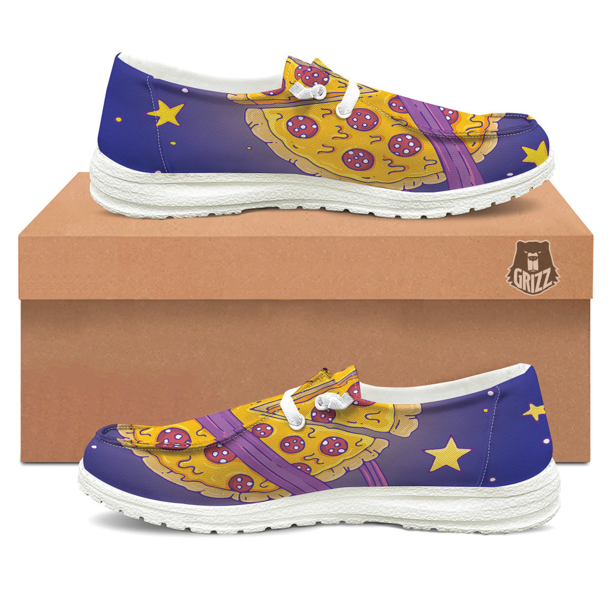 Cartoon Pizza Planet Print White Loafers-grizzshop