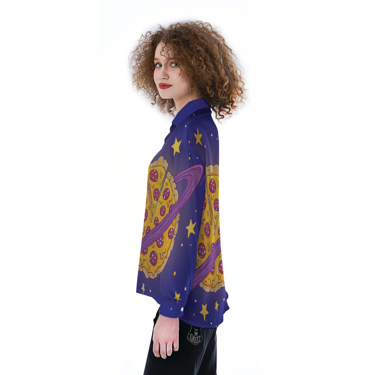 Cartoon Pizza Planet Print Women's Long Sleeve Shirts-grizzshop