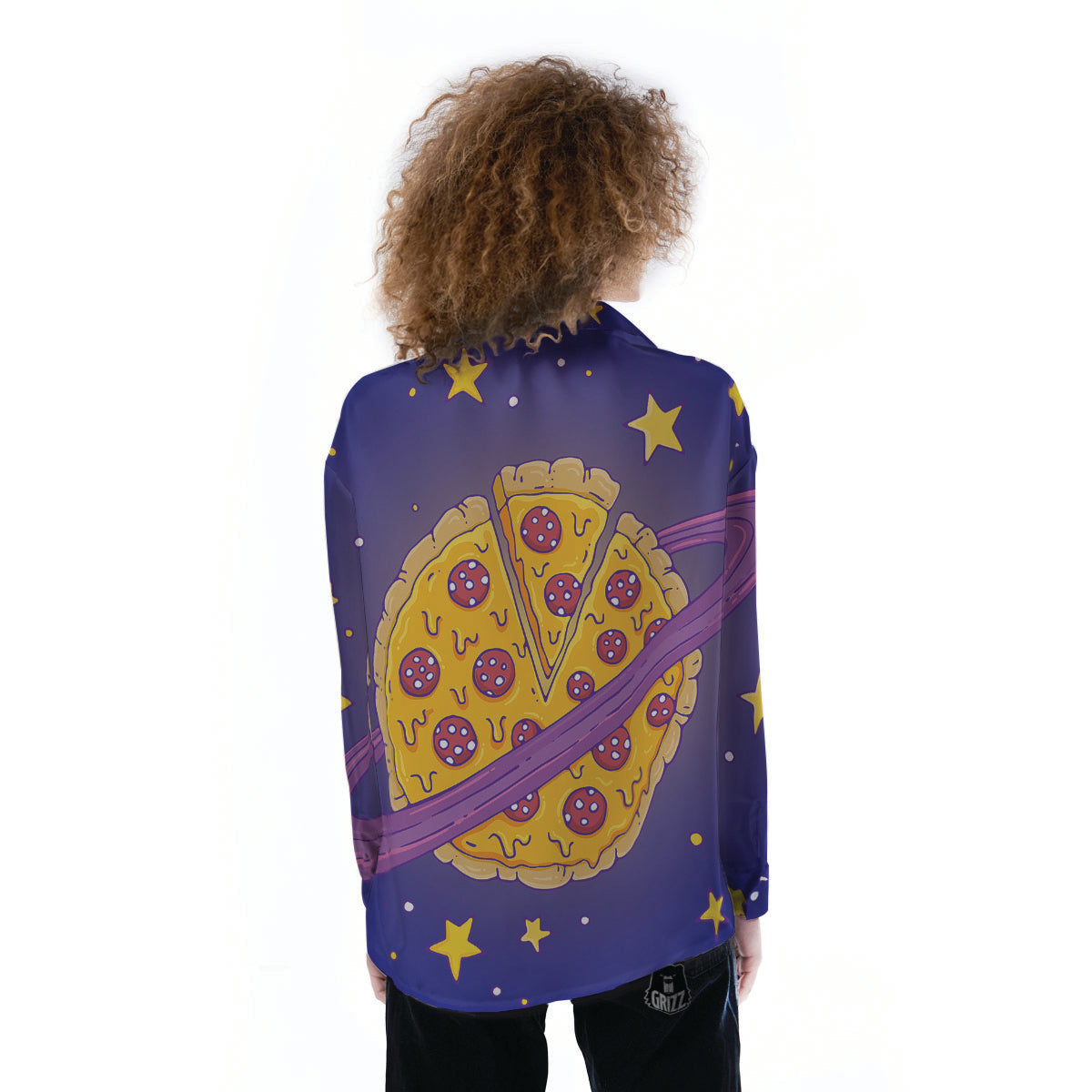 Cartoon Pizza Planet Print Women's Long Sleeve Shirts-grizzshop