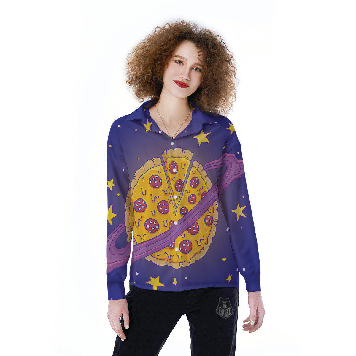 Cartoon Pizza Planet Print Women's Long Sleeve Shirts-grizzshop