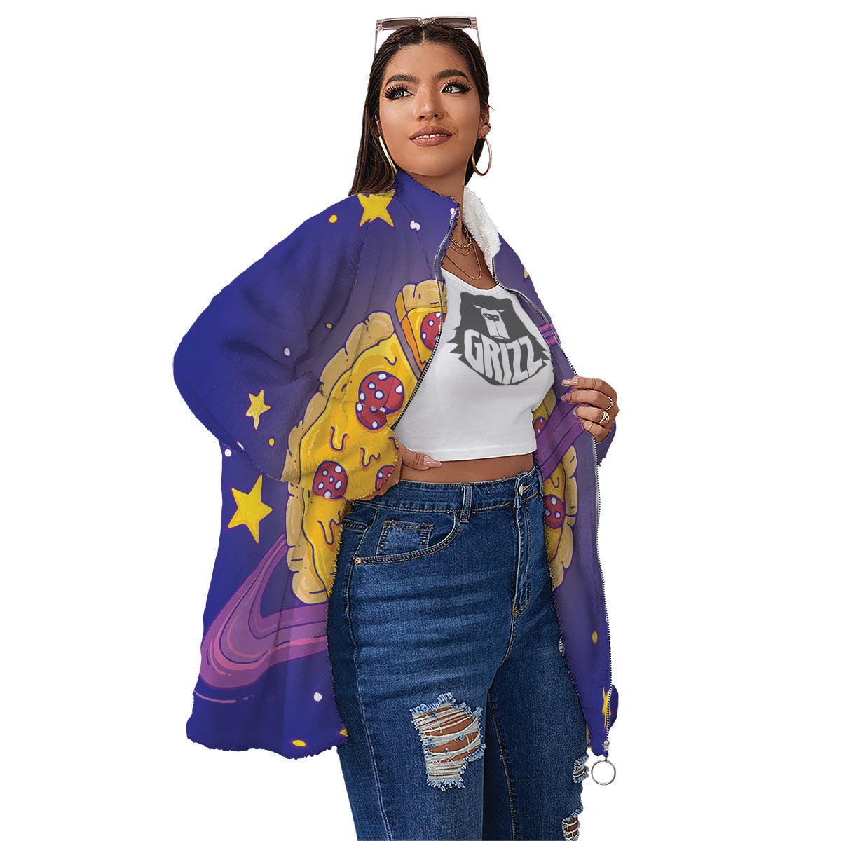 Cartoon Pizza Planet Print Women's Sherpa Jacket-grizzshop