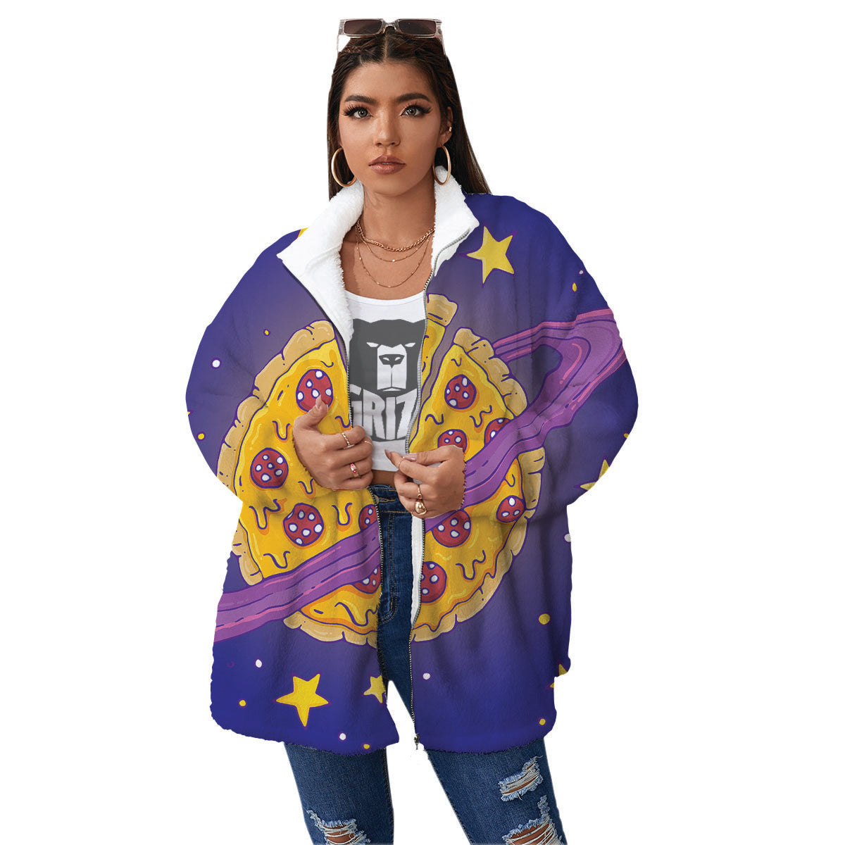 Cartoon Pizza Planet Print Women's Sherpa Jacket-grizzshop