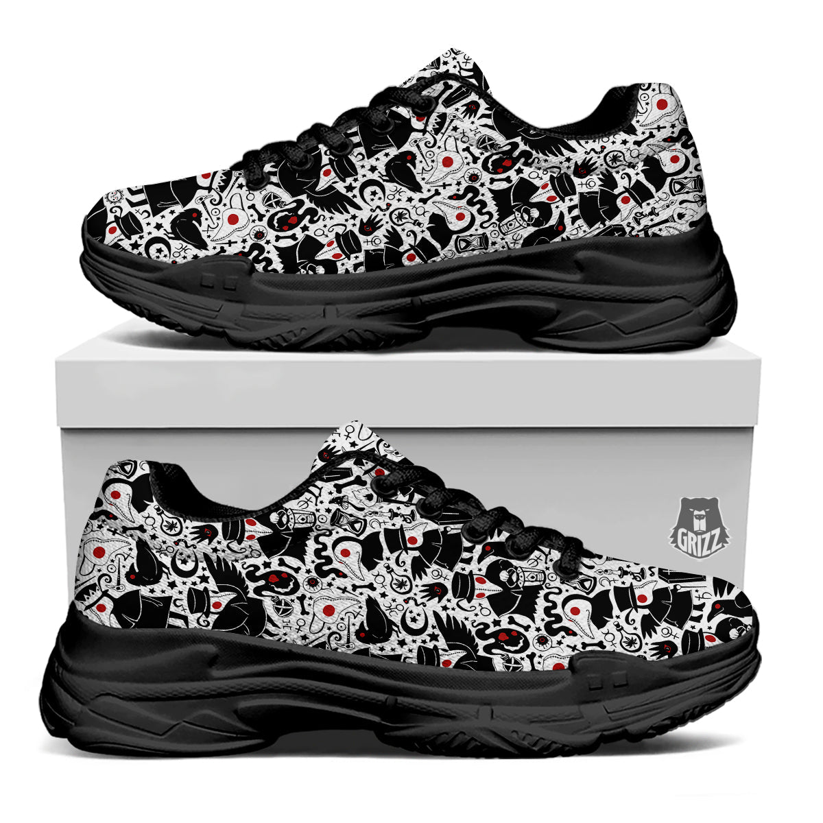 Cartoon Plague Doctors And Crows Red Eyes Print Pattern Black Chunky Shoes-grizzshop