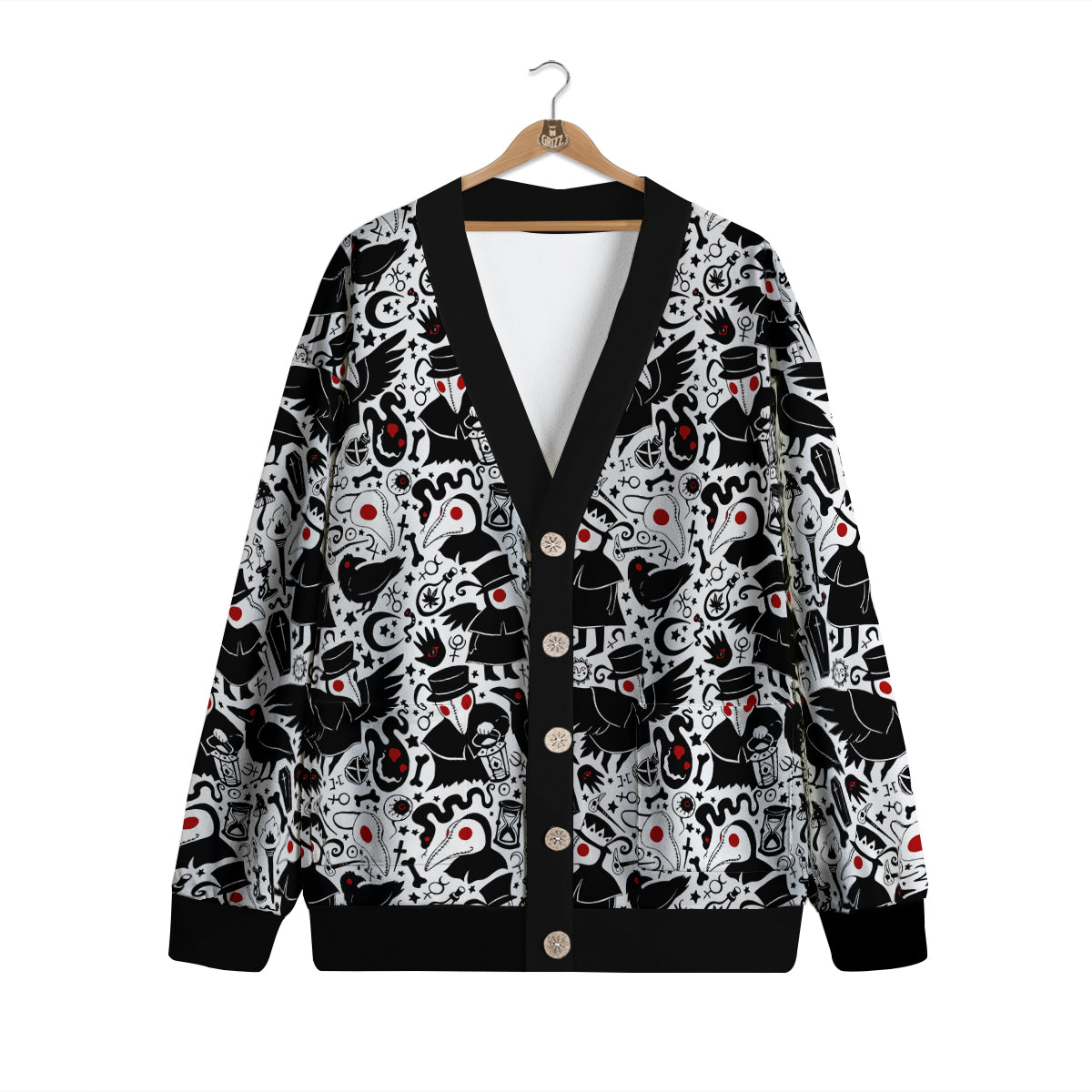 Cartoon Plague Doctors And Crows Red Eyes Print Pattern Cardigan-grizzshop