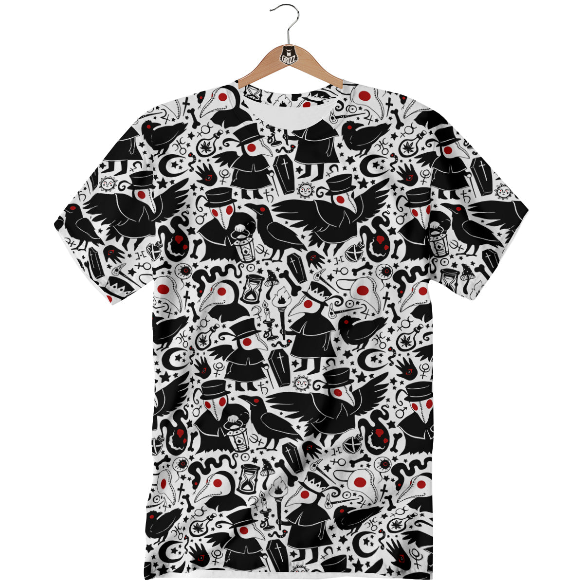 Cartoon Plague Doctors And Crows Red Eyes Print Pattern T-Shirt-grizzshop