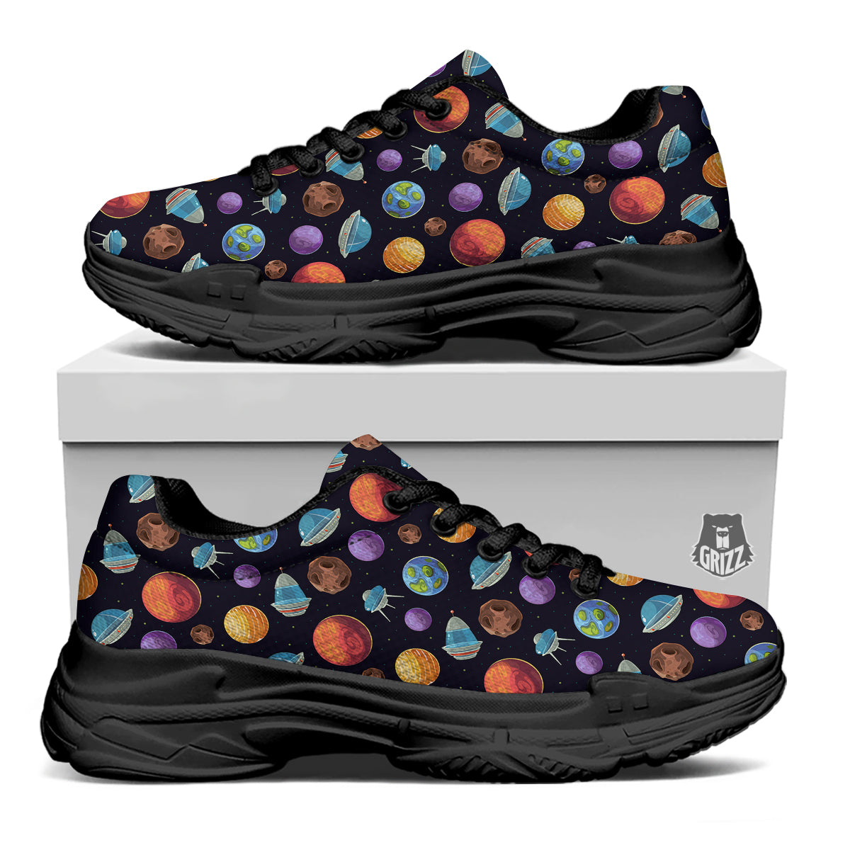 Cartoon Planets Colorful UFO Print Pattern Black Chunky Shoes-grizzshop