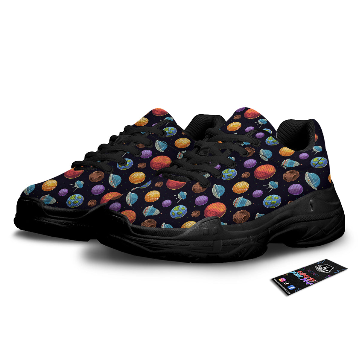Cartoon Planets Colorful UFO Print Pattern Black Chunky Shoes-grizzshop