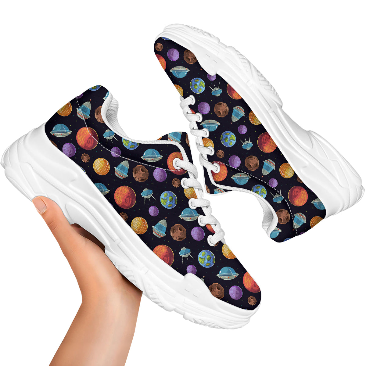 Cartoon Planets Colorful UFO Print Pattern White Chunky Shoes-grizzshop