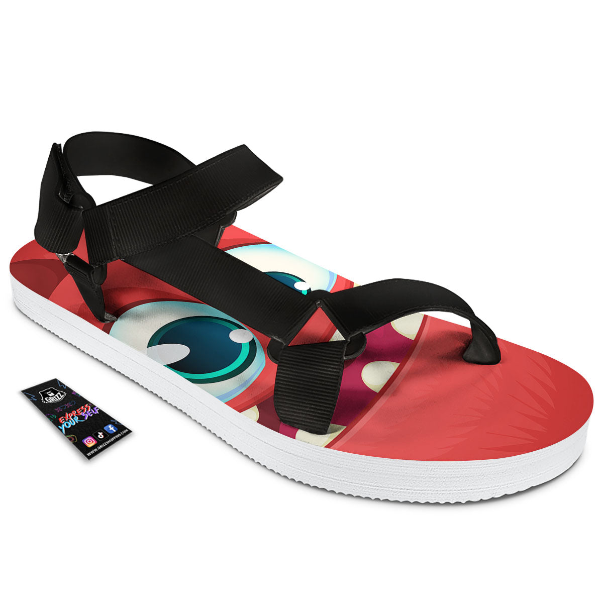 Cartoon Red Monster Face Cute Print Black Open Toe Sandals-grizzshop