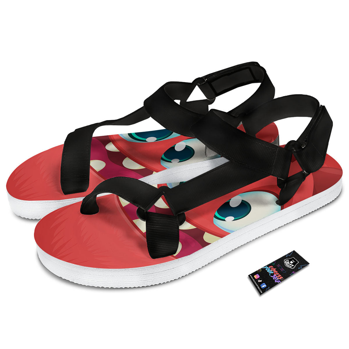 Cartoon Red Monster Face Cute Print Black Open Toe Sandals-grizzshop