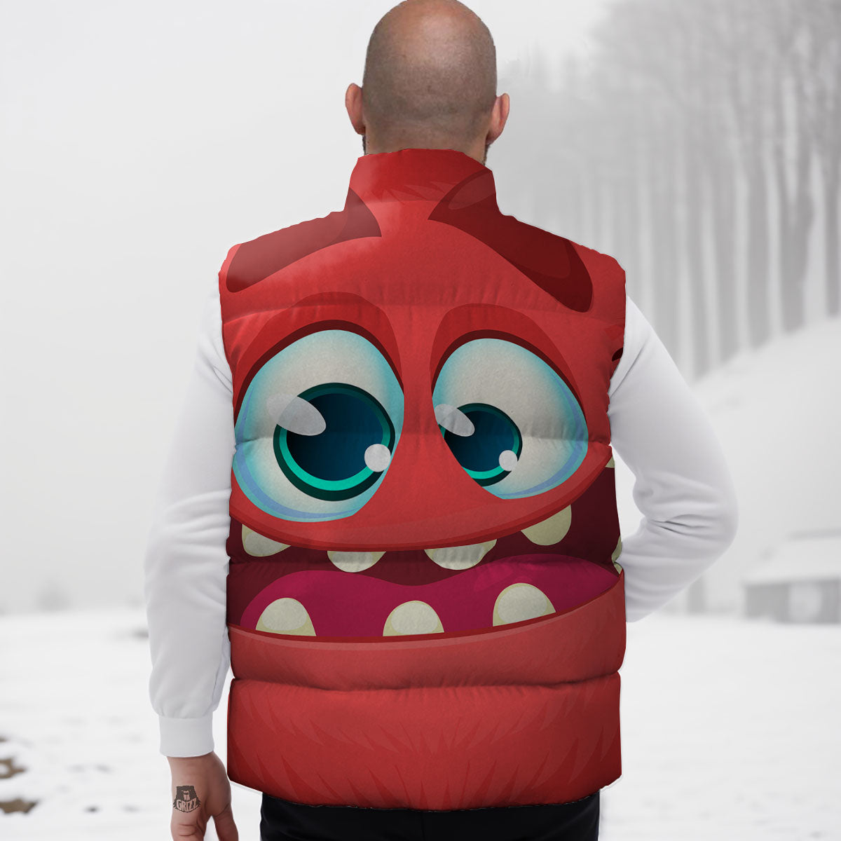 Cartoon Red Monster Face Cute Print Down Vest