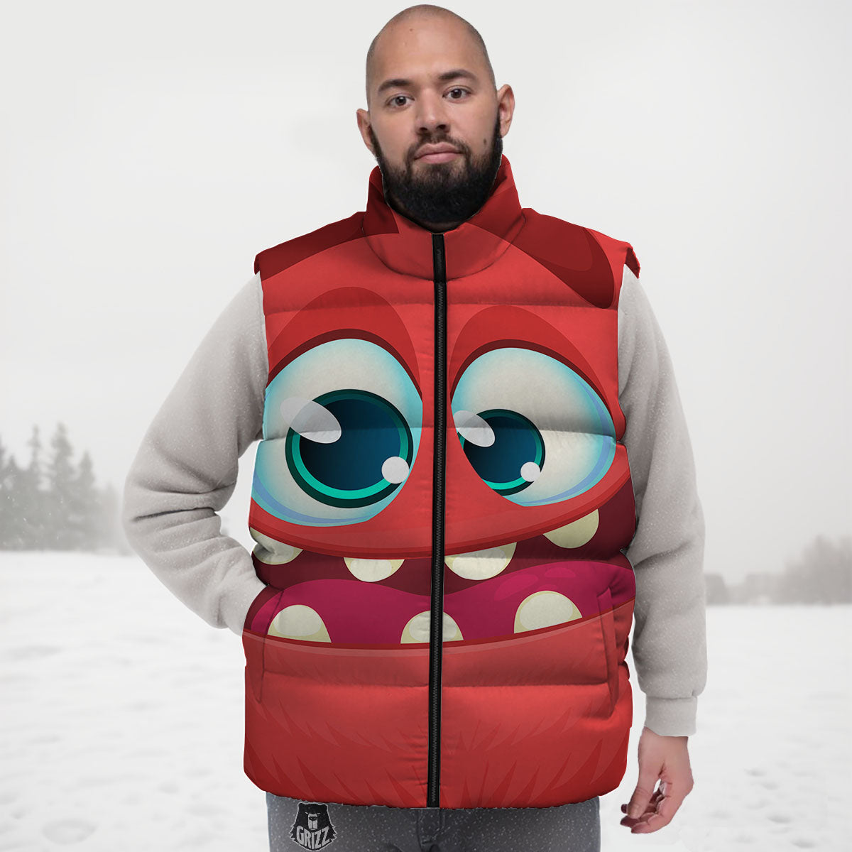 Cartoon Red Monster Face Cute Print Down Vest
