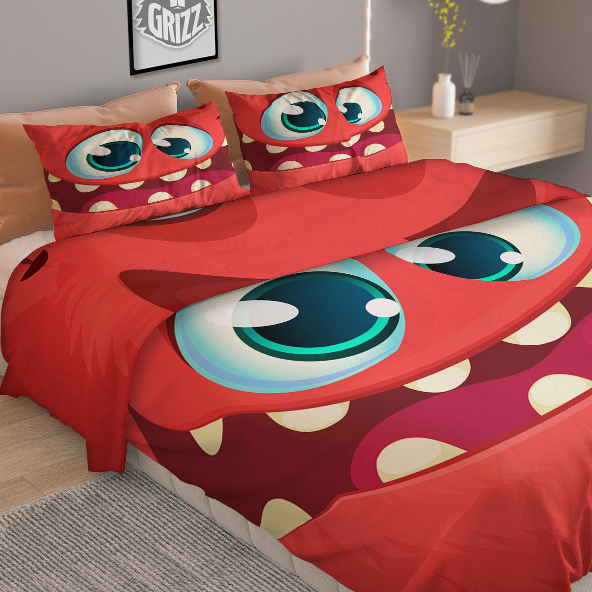 Cartoon Red Monster Face Cute Print Duvet Cover Bedding Set