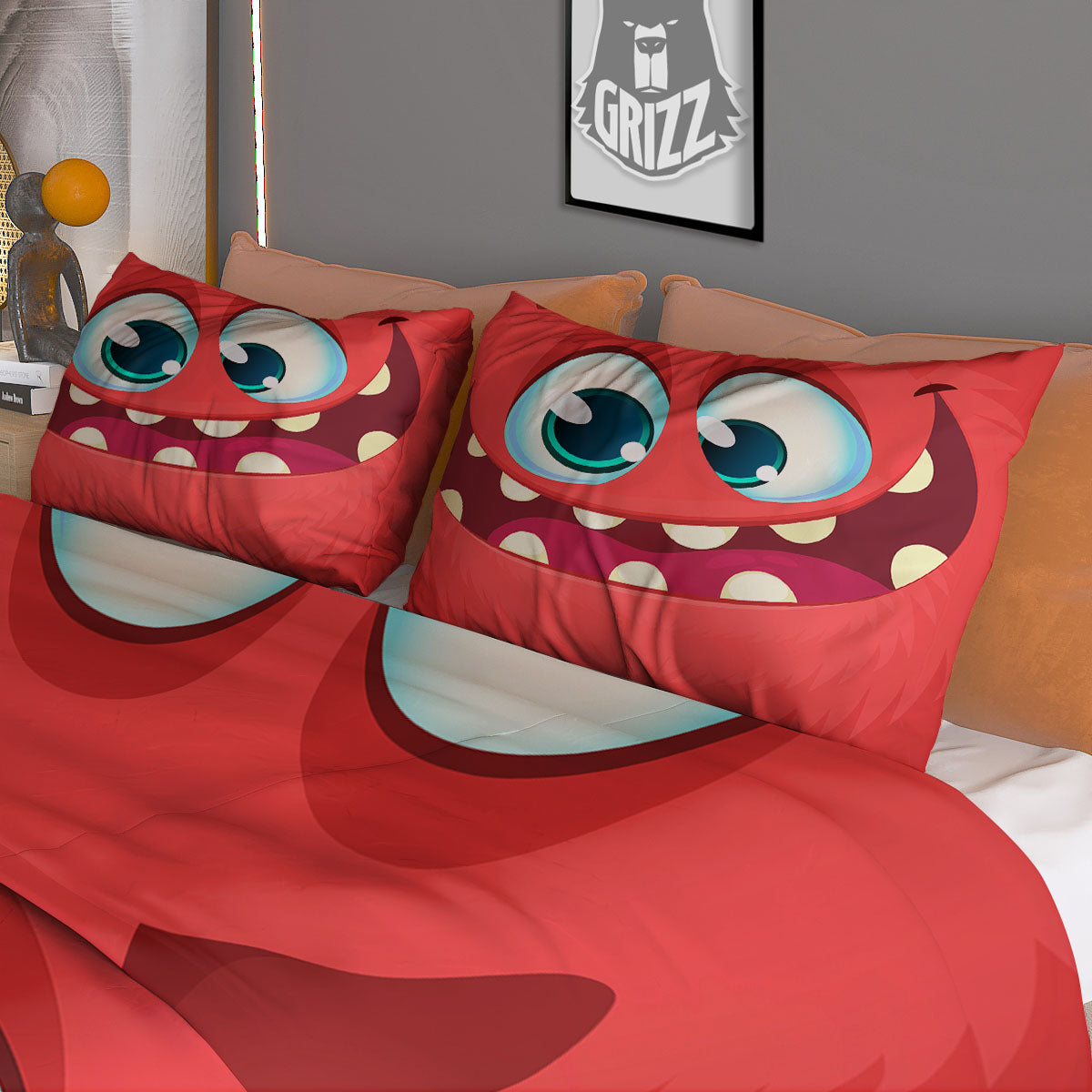 Cartoon Red Monster Face Cute Print Duvet Cover Bedding Set