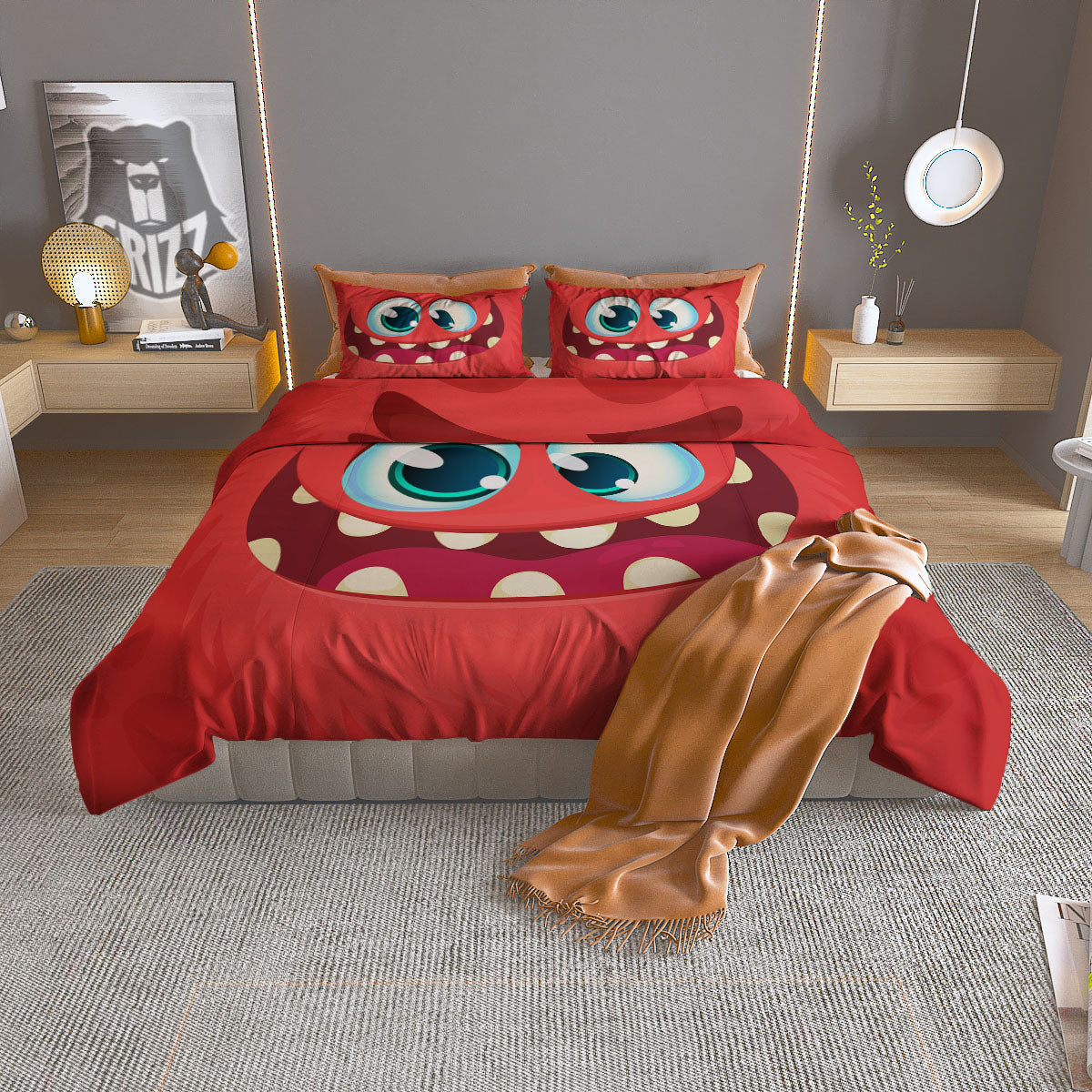 Cartoon Red Monster Face Cute Print Duvet Cover Bedding Set
