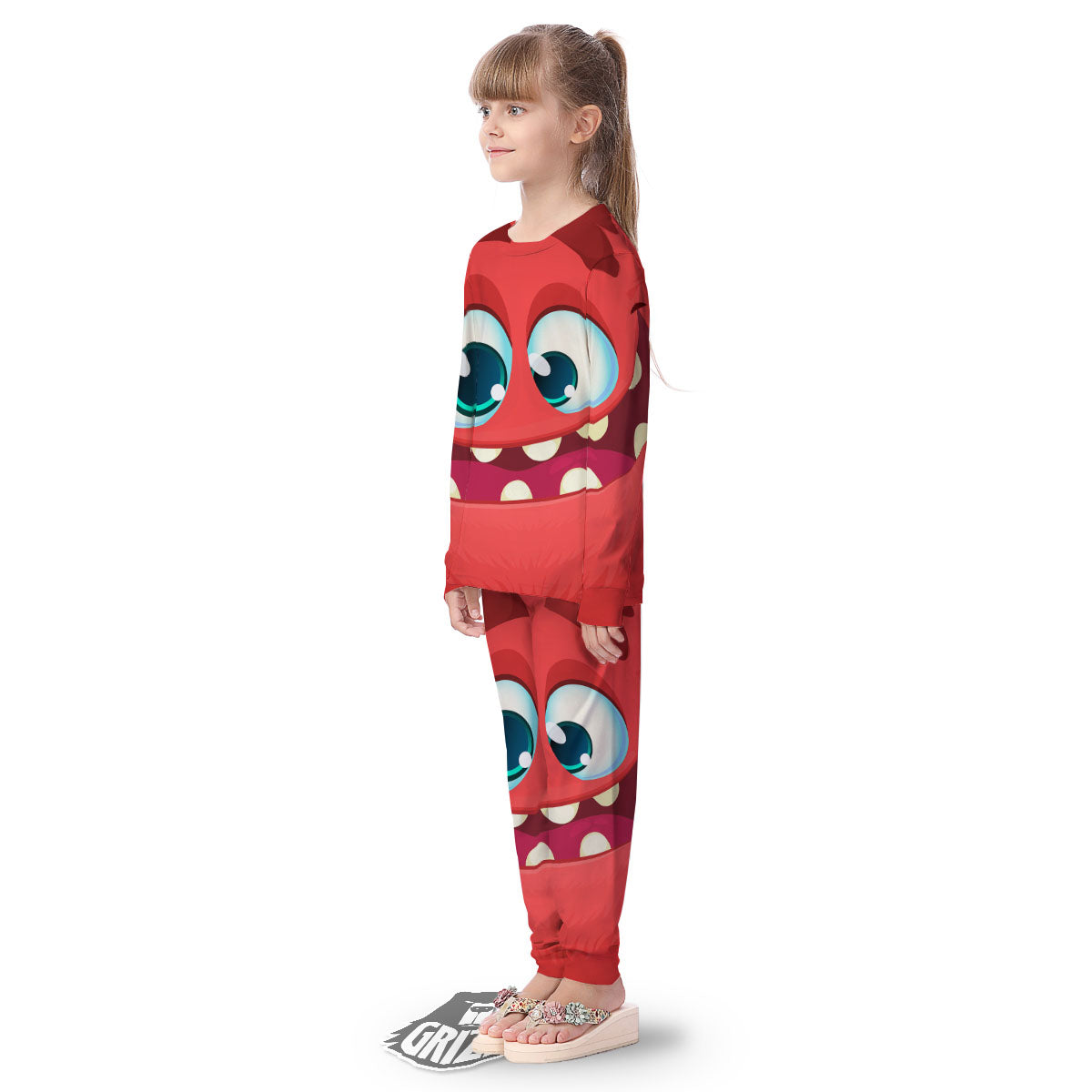 Cartoon Red Monster Face Cute Print Kid's Pajamas-grizzshop