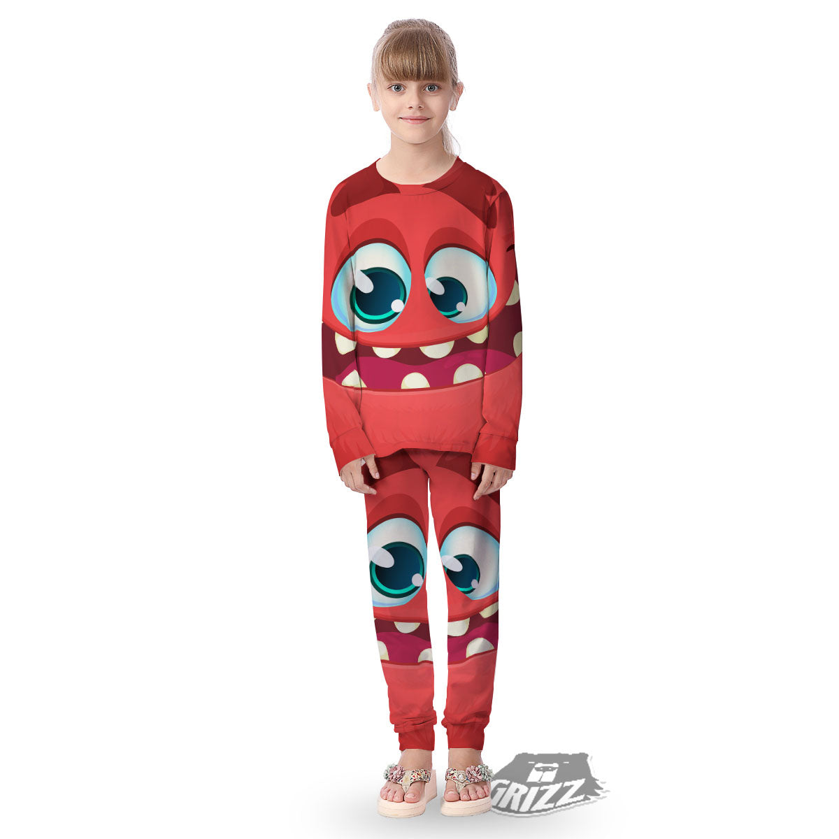 Cartoon Red Monster Face Cute Print Kid's Pajamas-grizzshop