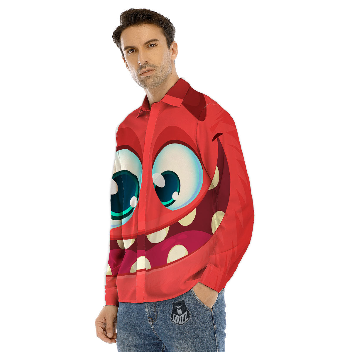 Cartoon Red Monster Face Cute Print Men's Dress Shirts-grizzshop