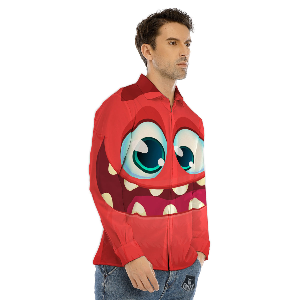Cartoon Red Monster Face Cute Print Men's Dress Shirts-grizzshop