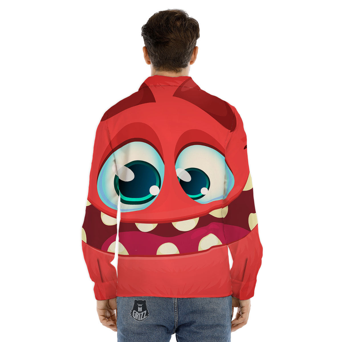 Cartoon Red Monster Face Cute Print Men's Dress Shirts-grizzshop
