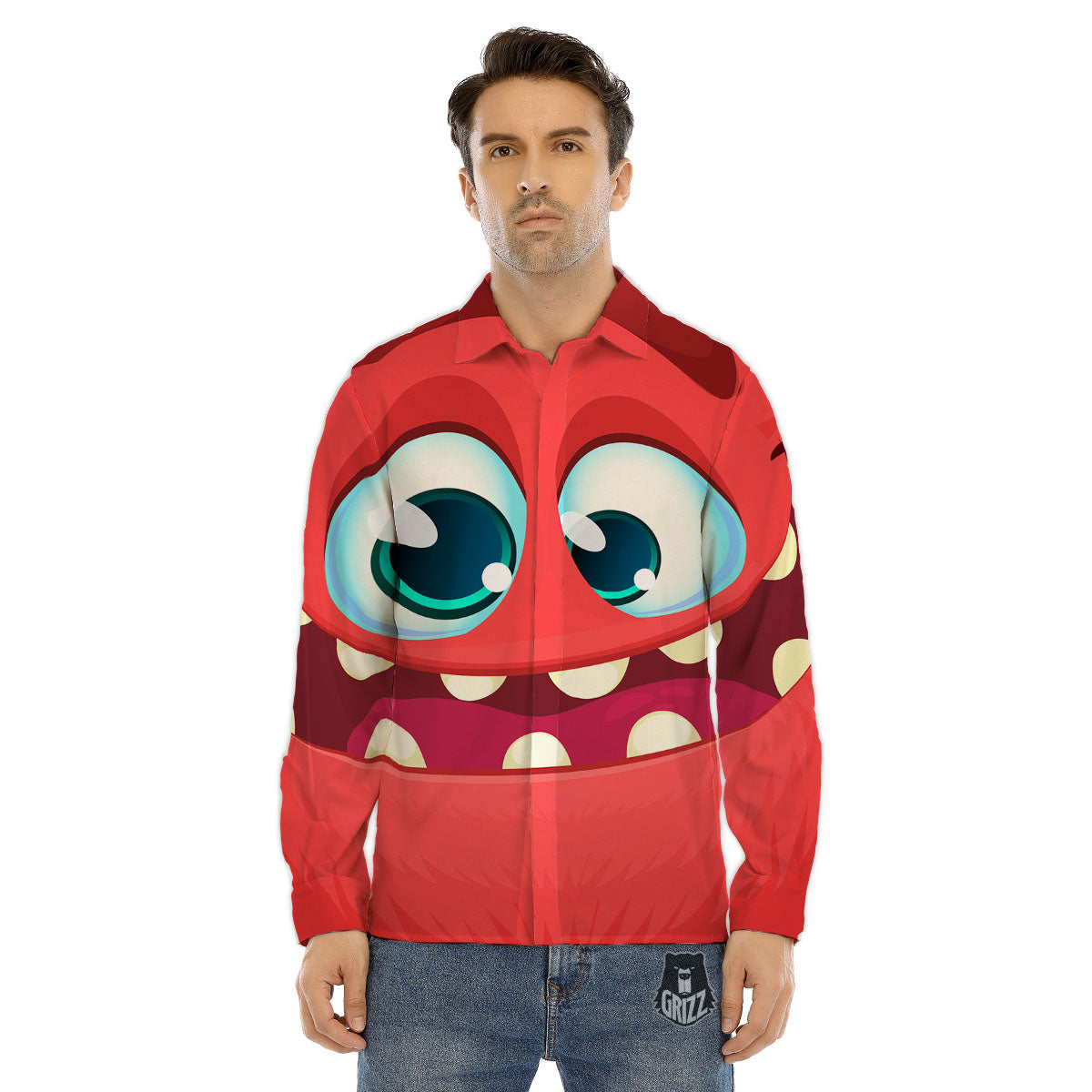 Cartoon Red Monster Face Cute Print Men's Dress Shirts-grizzshop