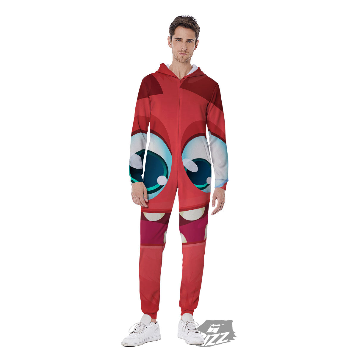 Cartoon Red Monster Face Cute Print Men's Jumpsuit-grizzshop